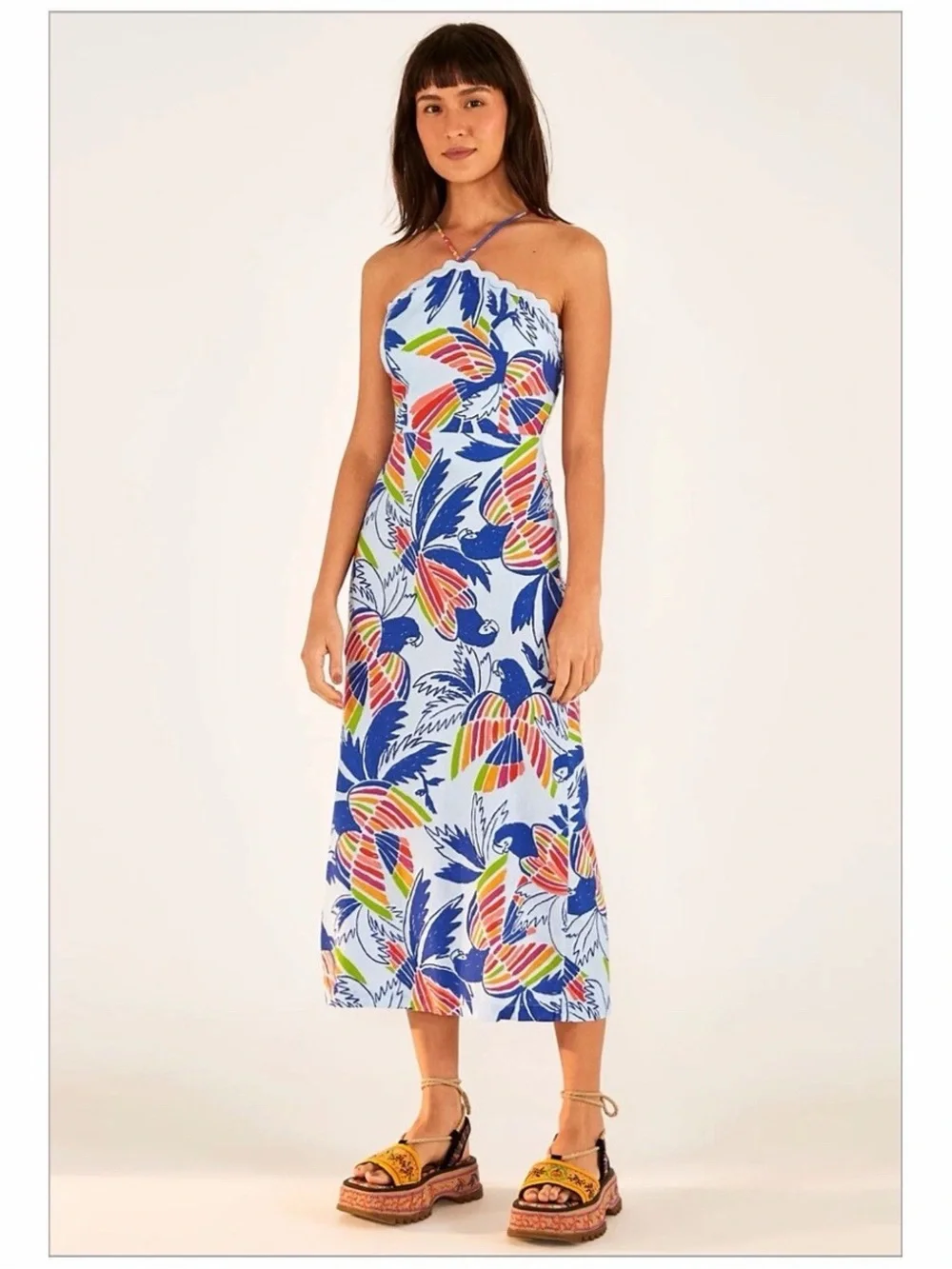 FARM Rio Blue Tropical Midi Dress with Multicolor Leaf Print
